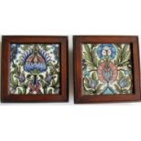 William De Morgan: two framed Sands End Isnik-style square pottery tiles with turquoise and
