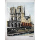 Indistinctly signed, NOTRE DAME CATHEDRAL, coloured etching, numbered 110/870, and two other