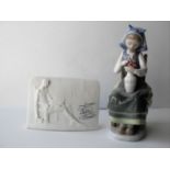 A Lladro figure of a seated young girl with a vase of flowers and a Lladro plaque (2) both without