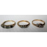 Three 9ct yellow gold dress rings to include a seven-stone square-cut citrine and diamond ring, size