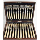 A mahogany-cased set of 12 silver plated fish knives and 12 forks, sandwich tray, oval food