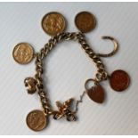 A 9ct yellow gold charm bracelet with four Victorian half-sovereigns (1842, 1897, 1900, 1897) and