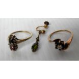 Two 9ct yellow gold rings: one sapphire and diamond, the other sapphire and ruby, size R, T, and a