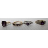 Three yellow and one white gold amethyst dress rings, all hallmarked. Total weight: 9.65g (4)