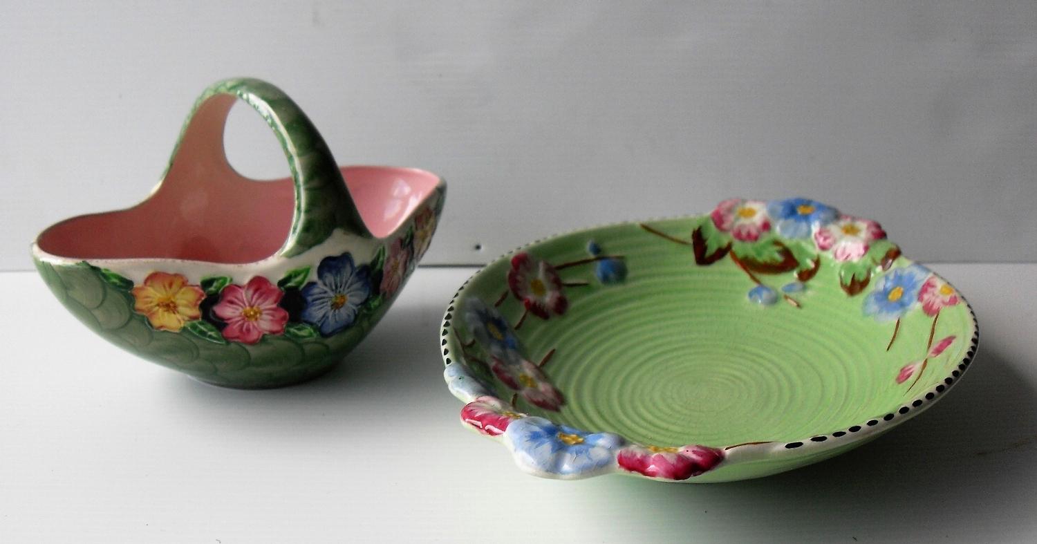 A Maling lustre ware basket with floral decoration and another similar oval Maling dish (2) both