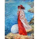 Igor Semeko, LADY IN RED BY THE SEASIDE, oil on canvas, framed, signed bottom left, 61 x 51 cm
