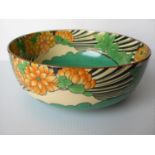 A Losol ware Aurora bowl with a striking chrysanthemum Art Deco design, 9 H x 23.5 cm diameter,