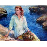 Igor Semeko, LADY ON BEACH CLIFFSIDE, oil on canvas, framed, 30 x 40 cm signed bottom left and