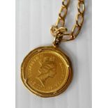 An Australian Kangaroo 1/10 oz 24ct gold proof coin, 1999, mounted on a 9ct gold chain. Gross