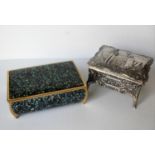 An abalone paua shell musical jewellery box, 5 H x 15 cm W and another silver plated depicting,