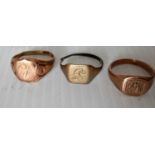 Three gents' 9ct yellow gold signet rings, one damaged, 10.93g (3)
