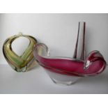 A tri-colour Murano freeform glass bowl, a heart-shape bubble vase and another two coloured specimen
