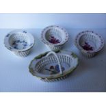 Four Herend hand-painted and gilded porcelain open weave small baskets, each 9.5 cm W, one with