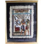 Three ancient Egyptian scenes on papyrus, framed and mounted, 50 x 38 cm 32 x 48 cm