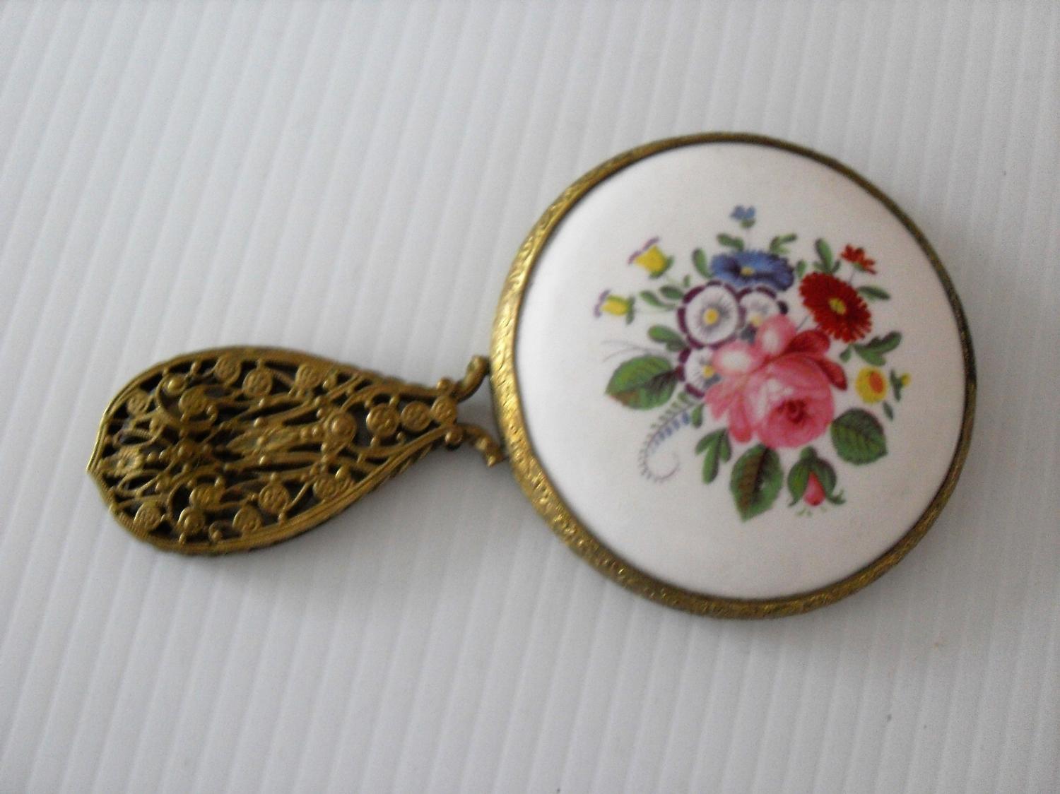 Three various glass scent bottles and a small hand mirror with painted floral decoration, 10 - 12 cm - Image 2 of 2