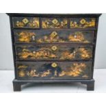 A Queen Anne Japanned adapted chest of three small and three long graduated drawers with brass