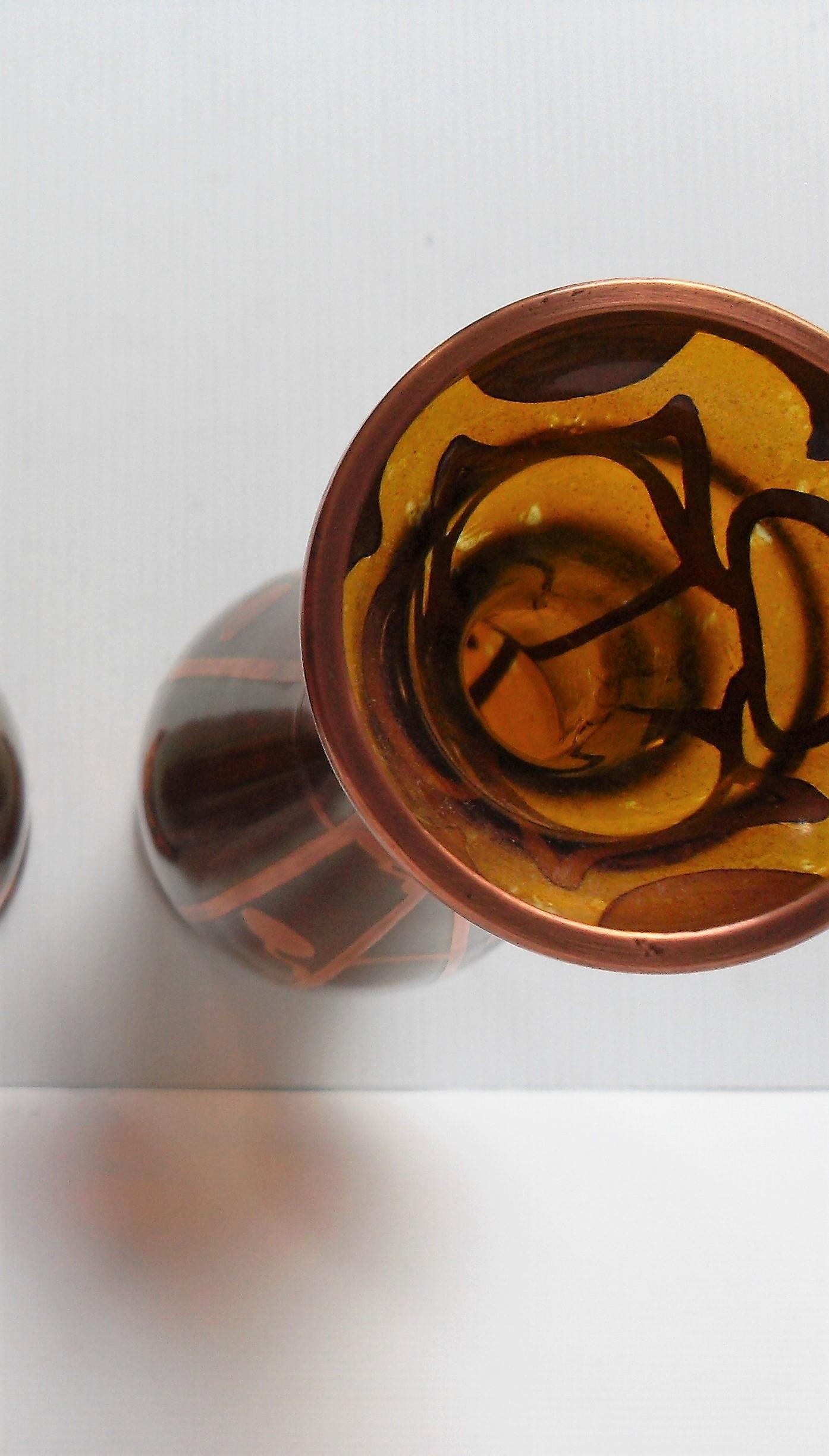 A pair of Art Nouveau secessionist Bohemian orange glass vases with copper overlay floral design, - Bild 3 aus 3