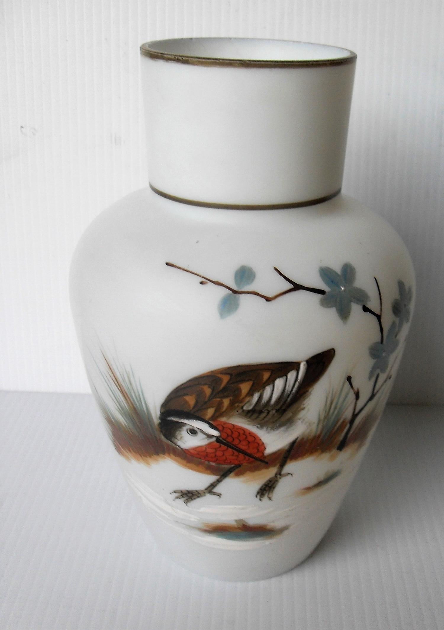 A Victorian milk glass vase with a finely detailed enamel painted portrait study of a snipe, 20 cm H