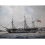F. Butterworth, A BRITISH MAN O' WAR FLYING THE RED ENSIGN, watercolour, framed and mounted,