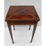 A Regency mahogany envelope card table with brass inlay, frieze drawer on square tapering legs and