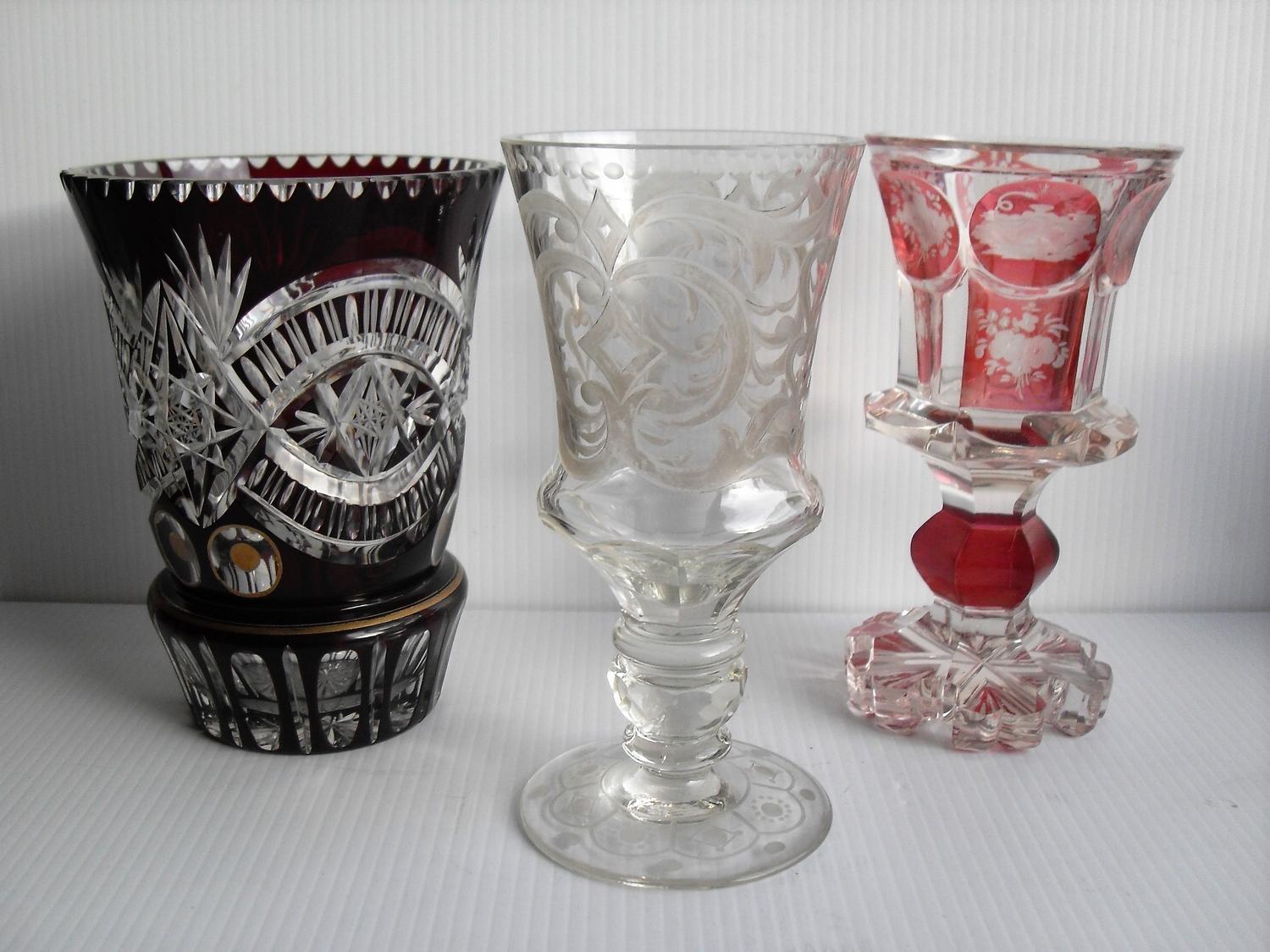 Three assorted 19th century Bohemian etched, frosted and overlay glassware