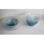 Two Midsummer Glassmakers bowls with iridescent turquoise and gold designs, 25 x 6 cm, 22 x 12 cm,