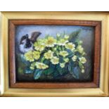 Murray Pickles, STUDY OF A BIRD AND PRIMROSES, oil on canvas, framed, 12 x 17 cm