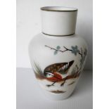 A Victorian milk glass vase with a finely detailed enamel painted portrait study of a snipe, 20 cm H