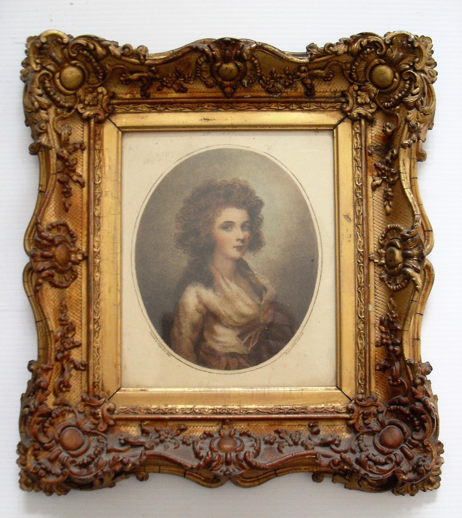 A Georgian coloured engraving of a young lady by J. W Cook after John Opie RA in oval mount and