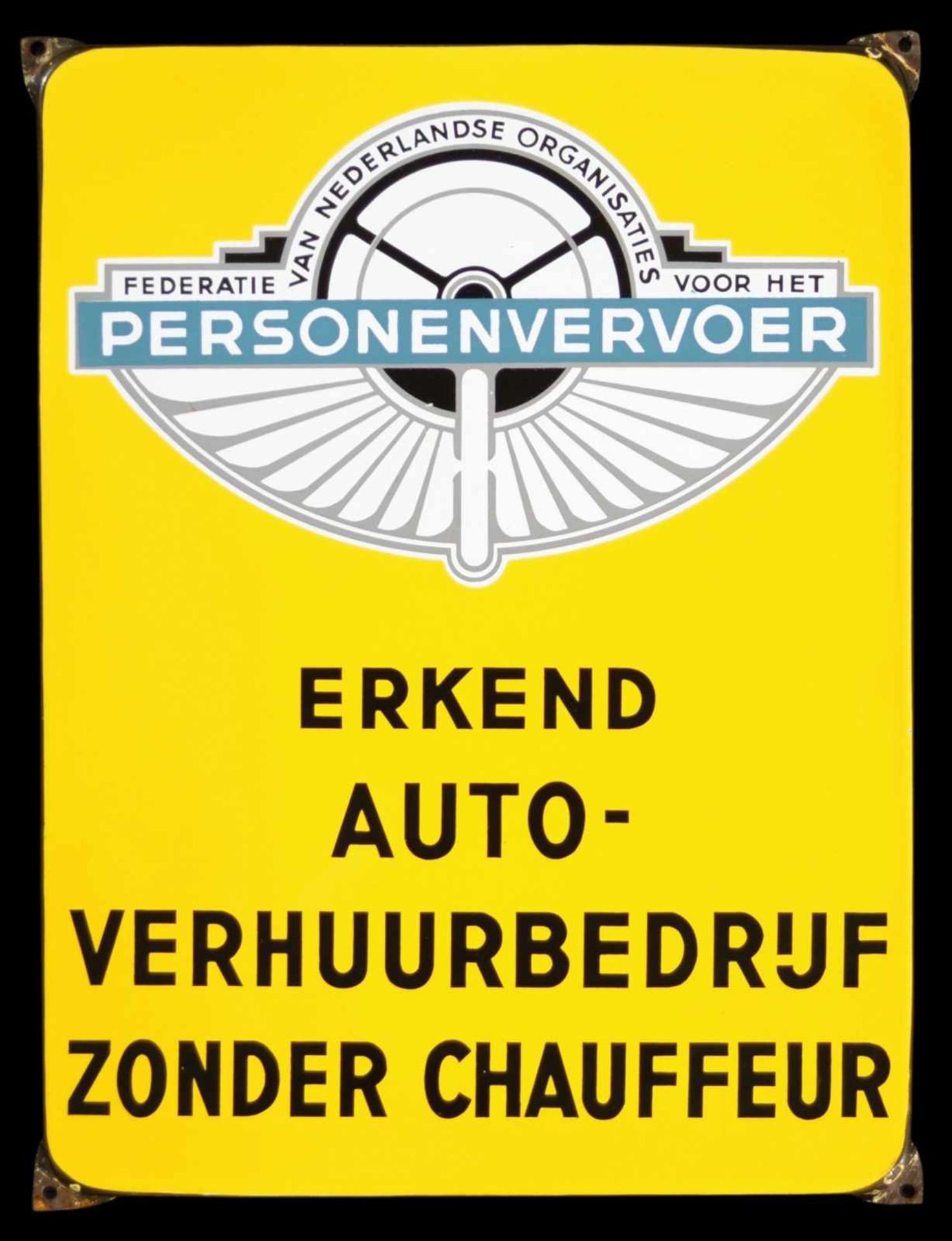 PERSONENVERVOER 1+ Emailschild, abgekantet, schabloniert, Niederlande 50er Jahre, 29 x 38 cm