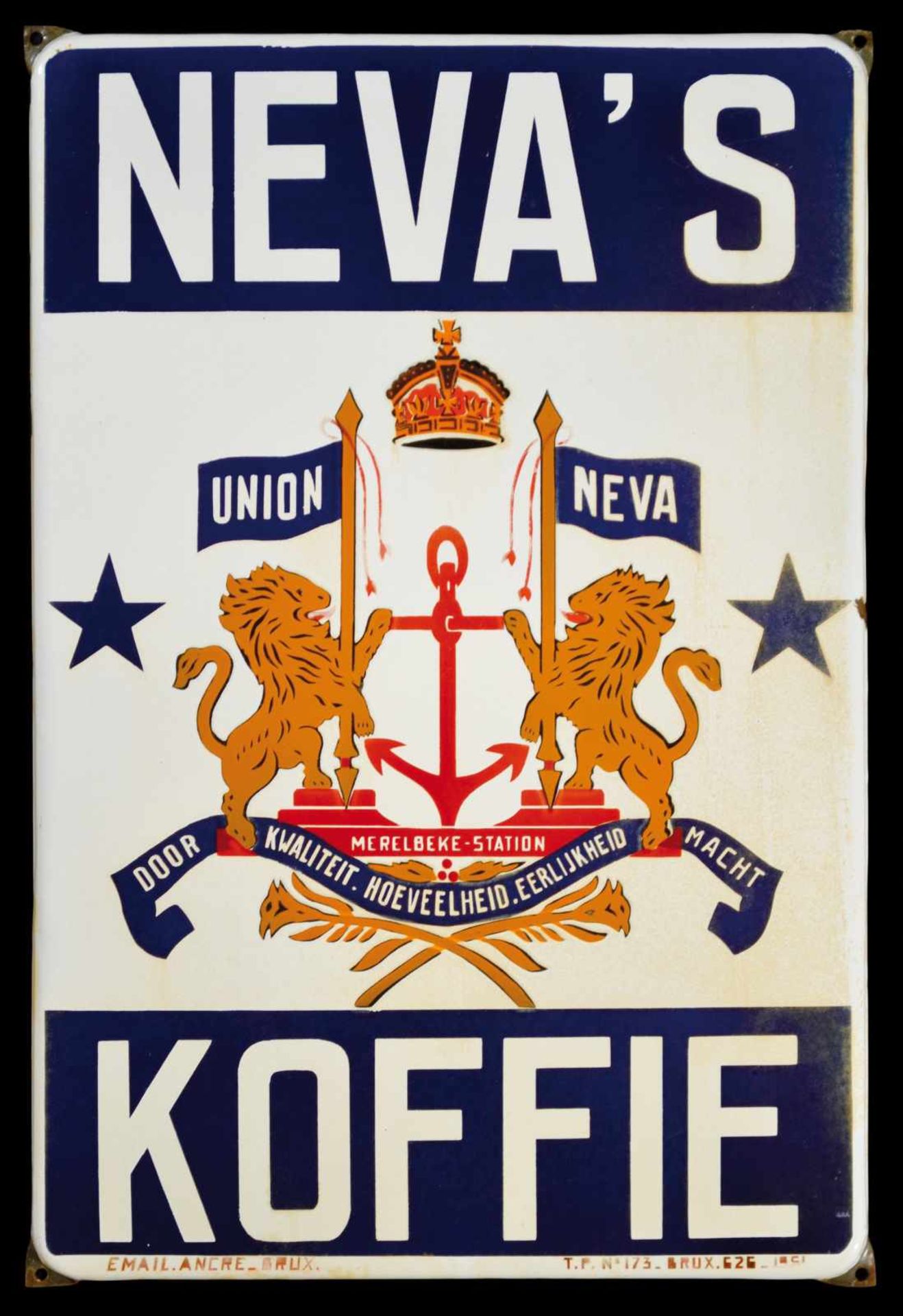 NEVAS KOFFIE (2-3) Emailschild, abgekantet, fett schabloniert, Belgien 1951, 43 x 65 cm, Email