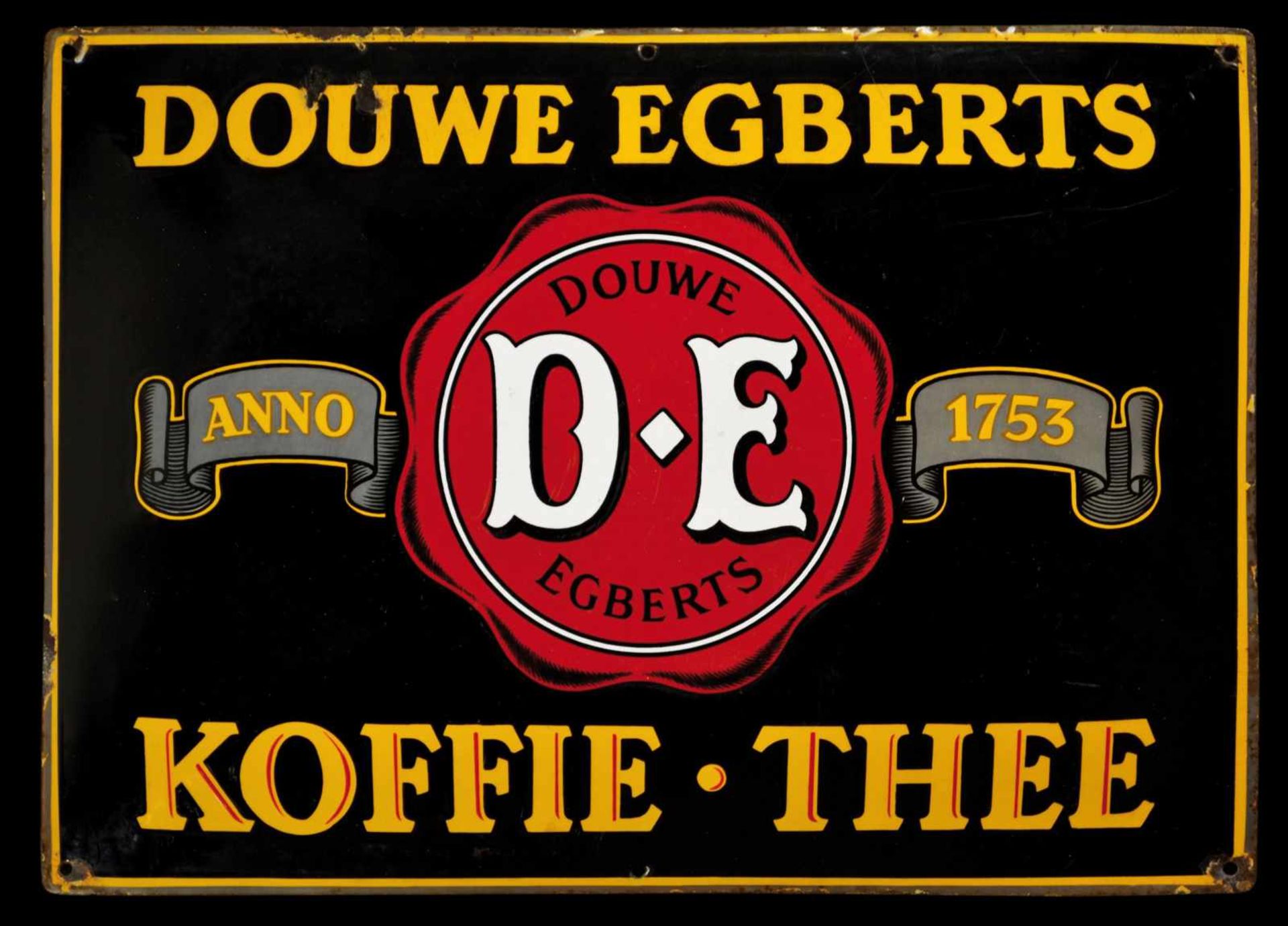 DOUWE EGBERTS KOFFIE-THEE (2) Emailschild, gewölbt, schabloniert, Niederlande um 1930, 70 x 50 cm,