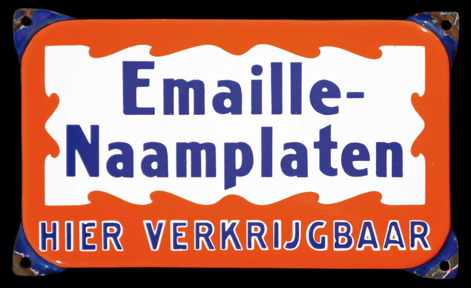 EMAILLLE-NAAMPLATEN (1) Emailschild, abgekantet, schabloniert, Niederlande um 1950, 24 x 17 cm