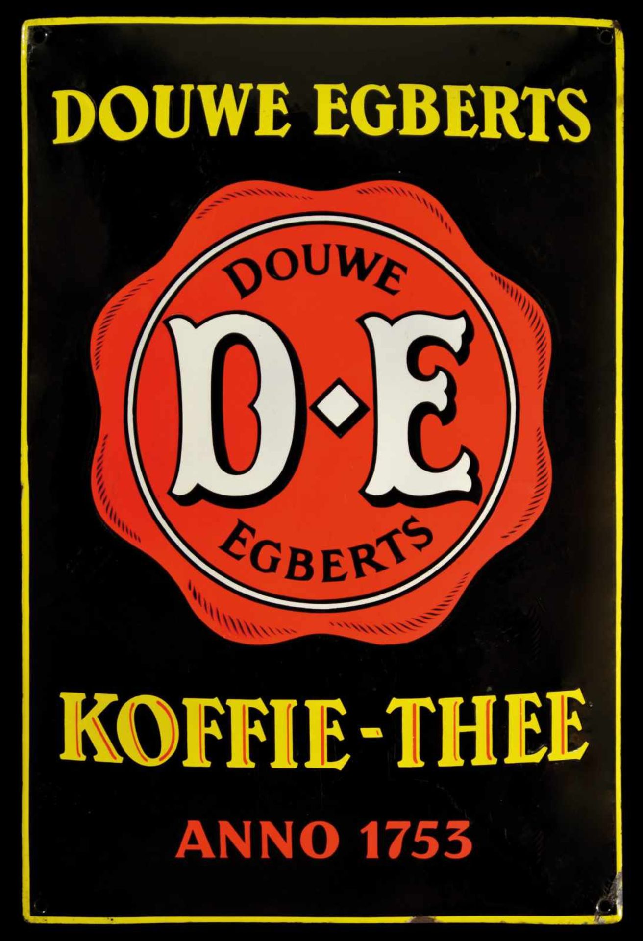 DOUWE EGBERTS KOFFIE-THEE (1-2) Emailschild, gewölbt, schabloniert, Niederlande 30er Jahre, 50 x