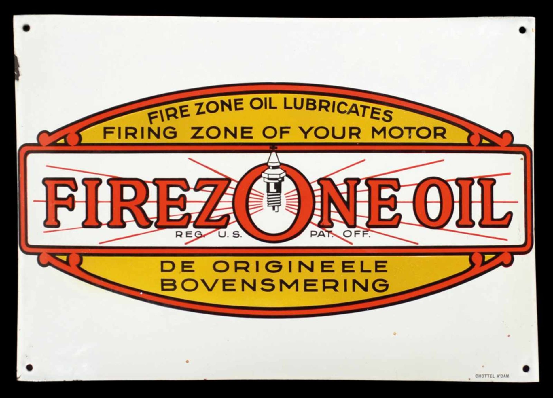 FIREZONE OIL (1) Emailschild, gewölbt, schabloniert und lithographiert, Niederlande um 1930, 50 x 34