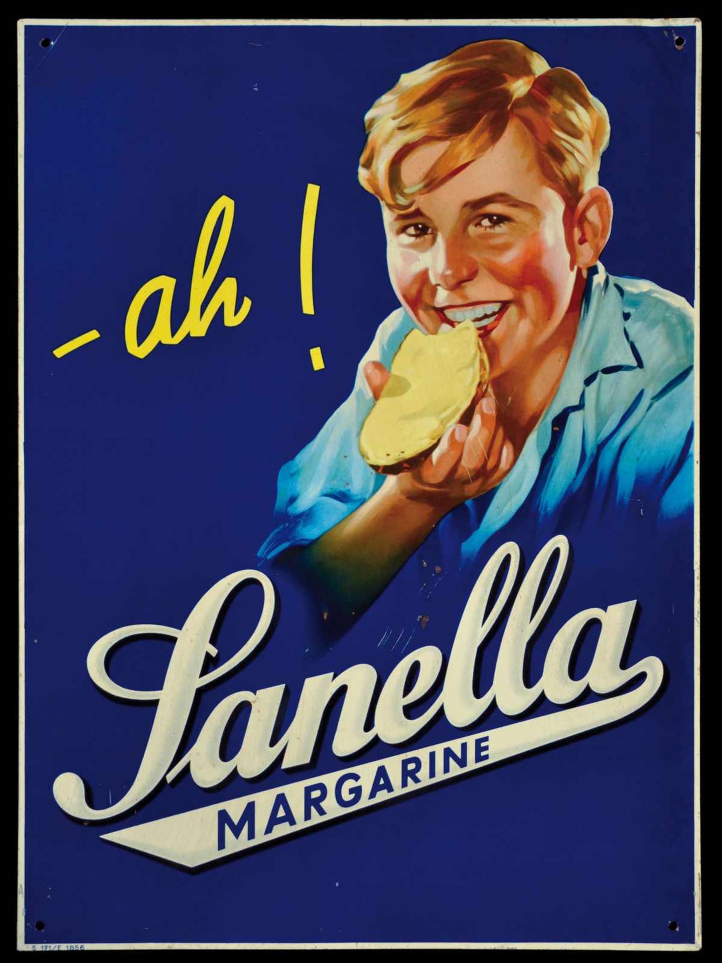 SANELLA (1-2) Blechschild, umgebördelter Rand, lithographiert, Deutschland um 1950, 37 x 50 cm