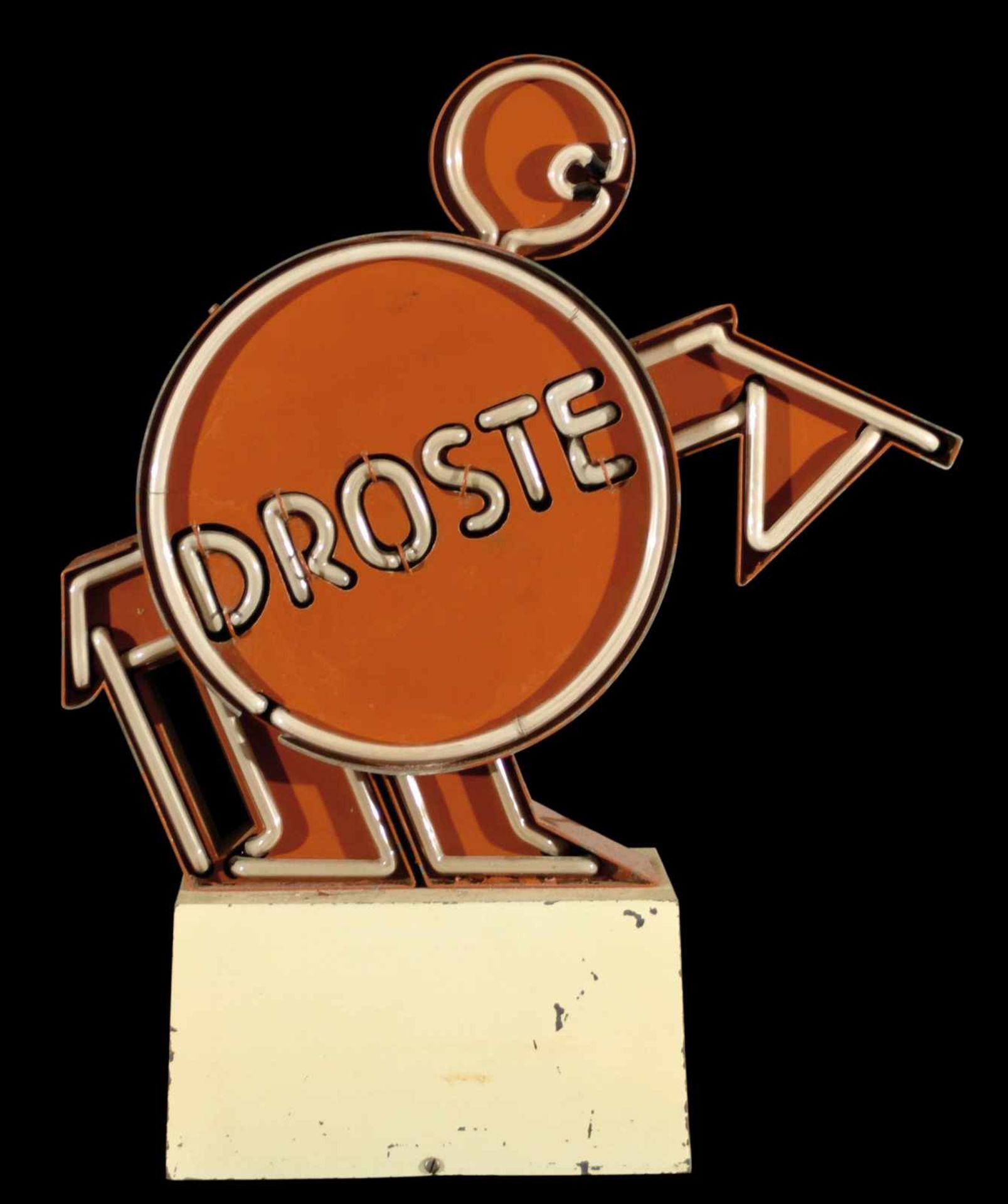 DROSTE (1-2) Neonreklame, Blechkorpus, Niederlande 50er Jahre, H 47 cm, Sockel mit leichten