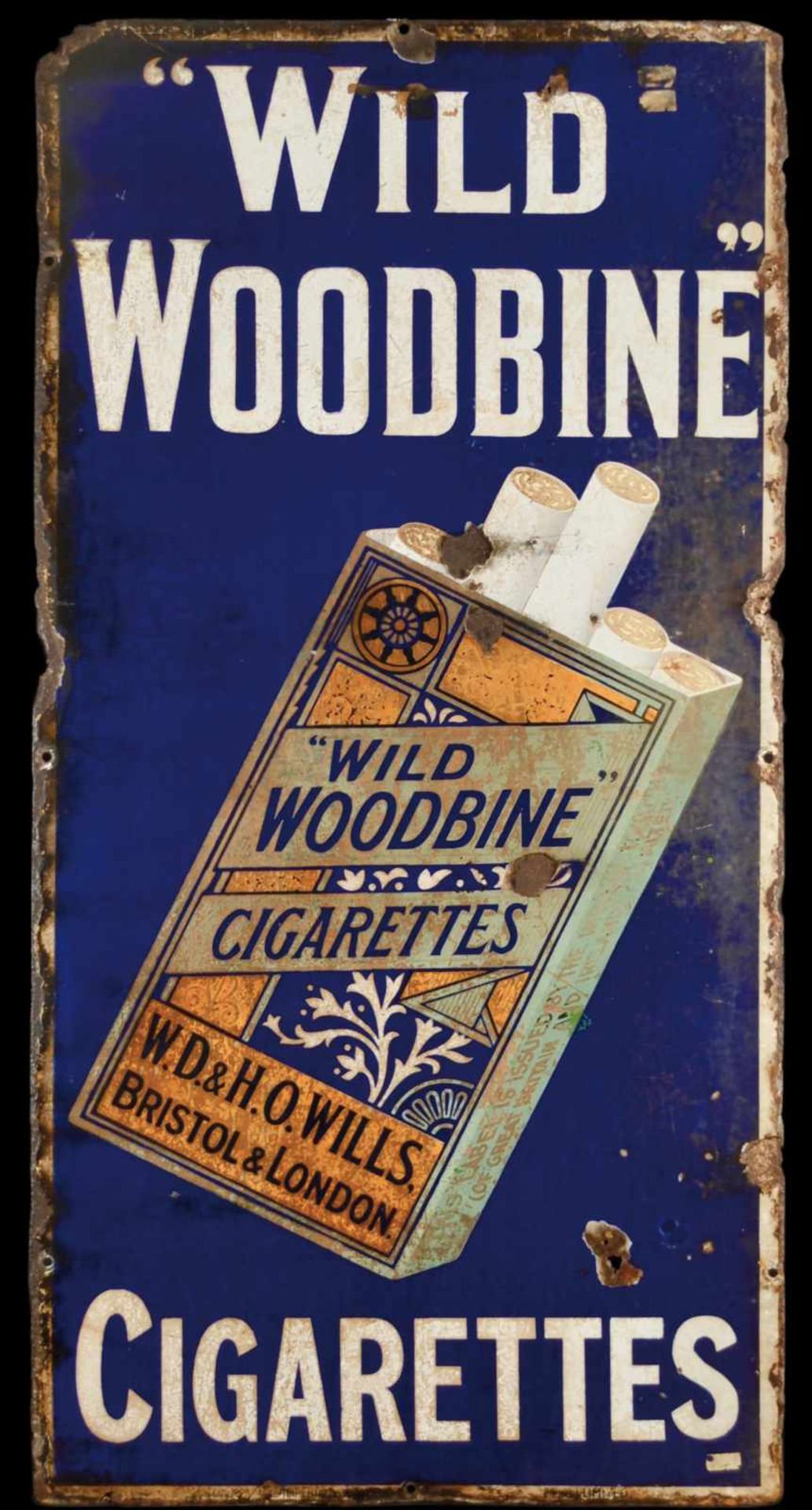 WILD WOODBINE CIGARETTES (4-) Emailschild, flach, schabloniert und lithographiert, Bristol &