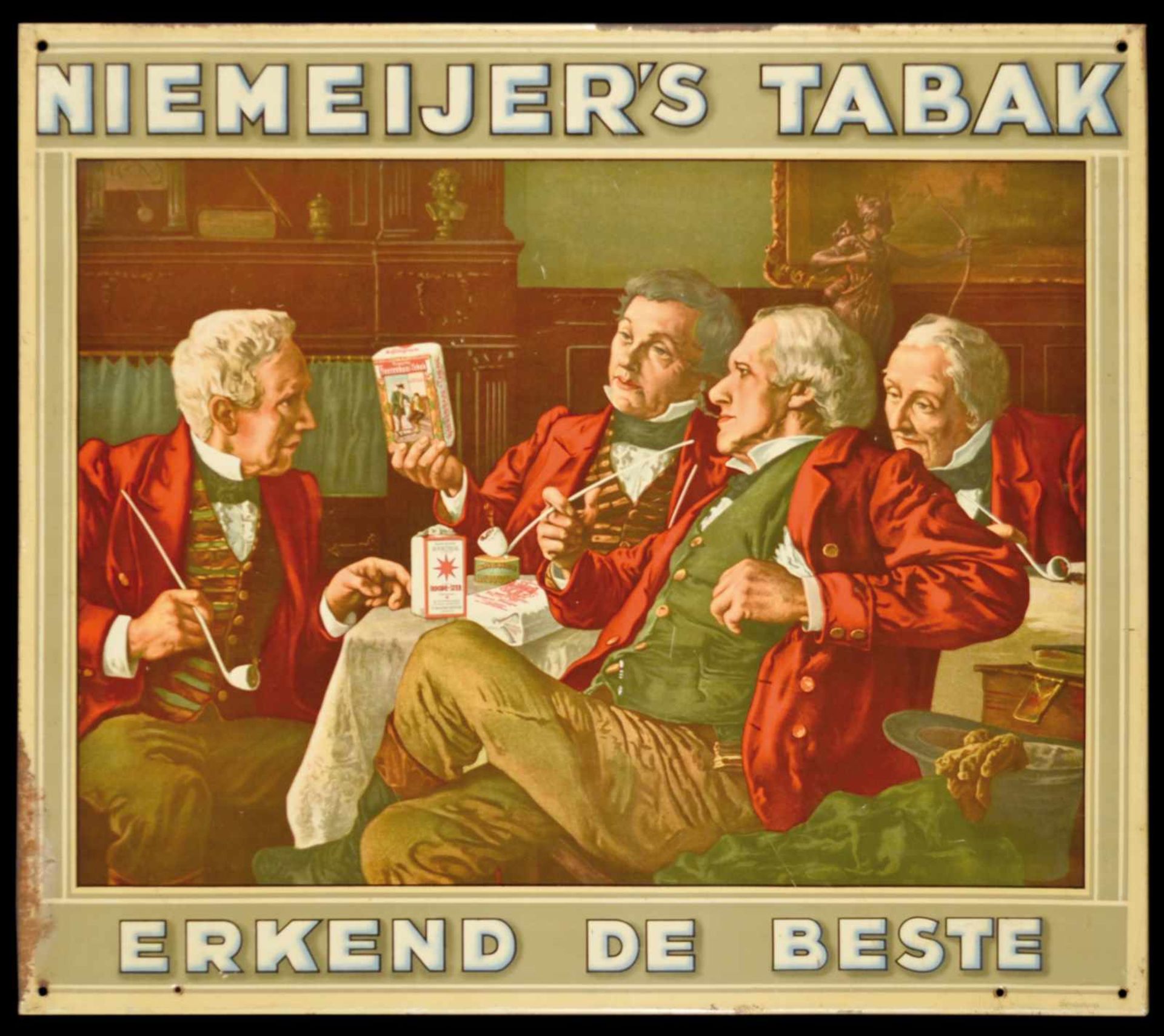 NIEMEIJERs TABAK (1-) Blechschild, umgebördelter Rand, fein lithographiert, Niederlande um 1930, 37