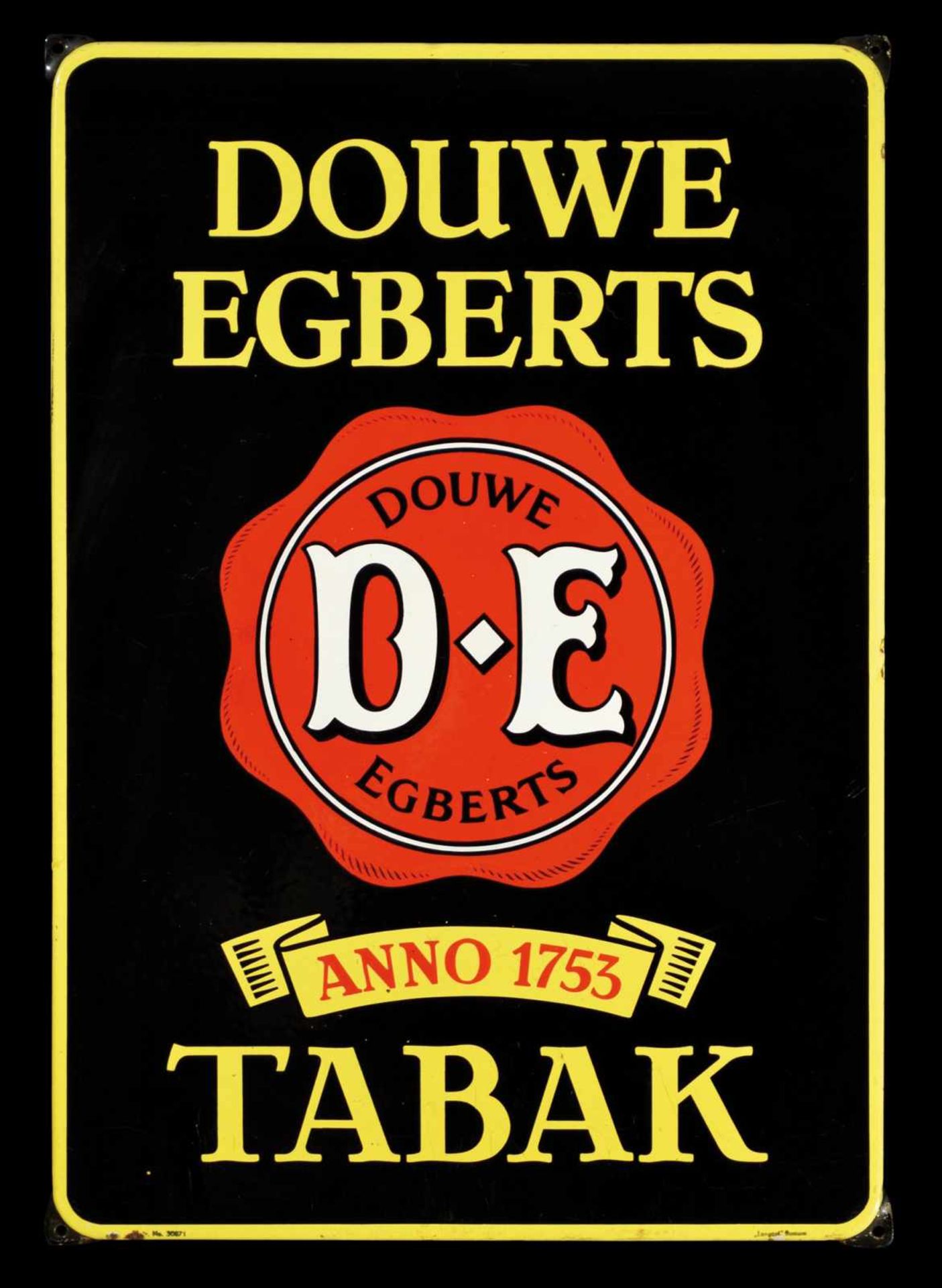 DOUWE EGBERTS TABAK (1-) Emailschild, abgekantet, schabloniert, Niederlande um 1950, 47 x 67 cm,
