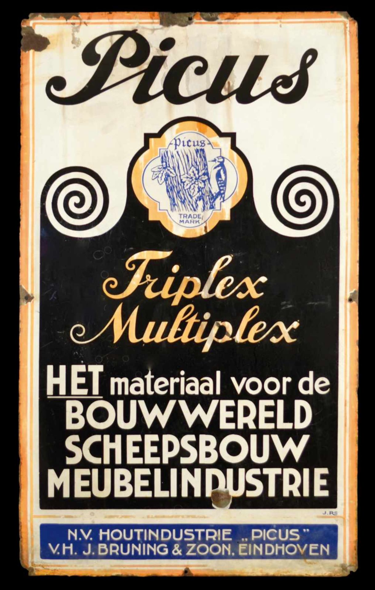 PICUS TRIPLE MULTIPLEX (3-) Emailschild, flach, schabloniert, Eindhoven/Niederlande um 1920, 60 x