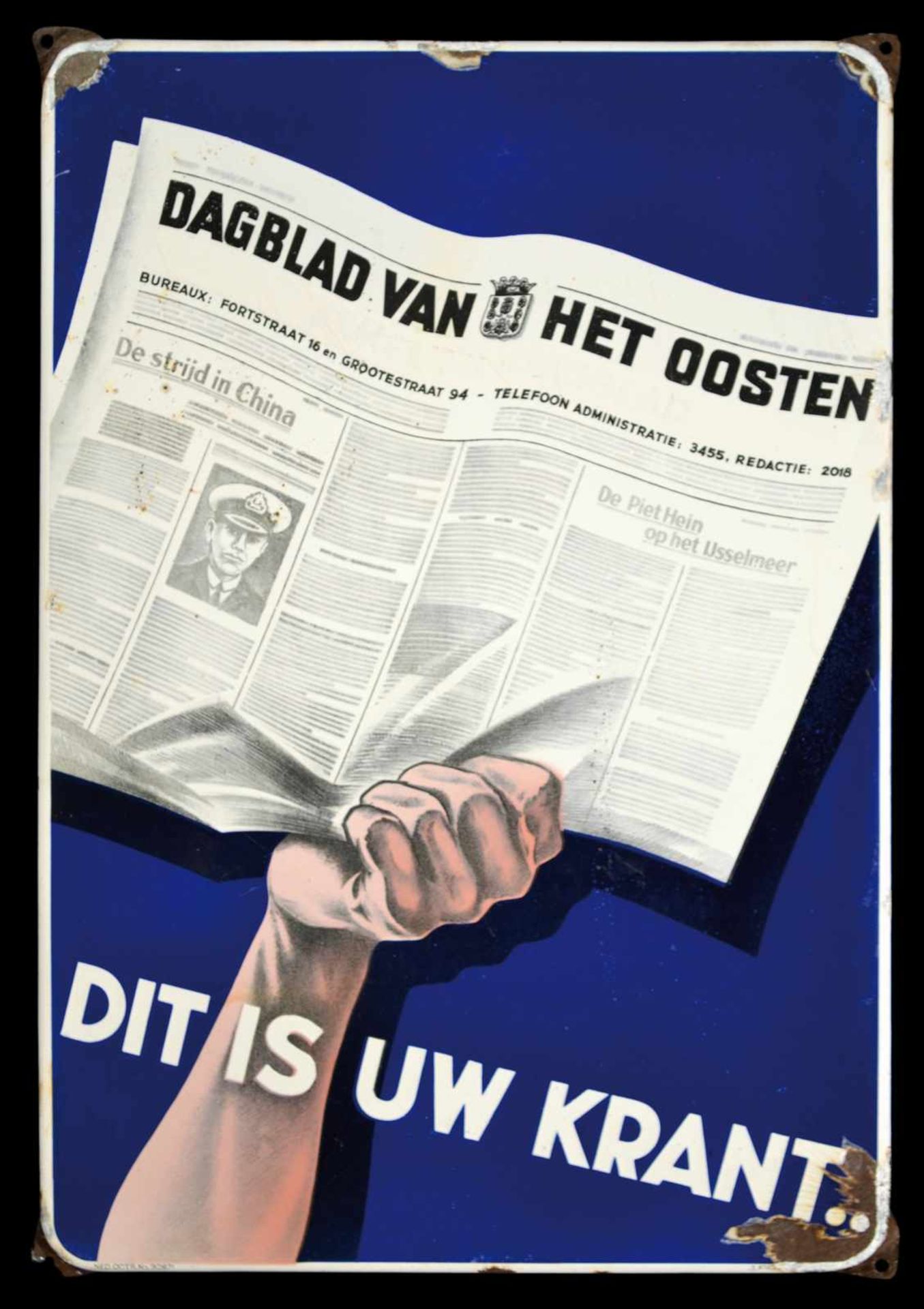 DAGBLAD VAN HET OOSTEN (2-) Emailschild, abgekantet, schabloniert, Enschede/Niederlande um 1935,