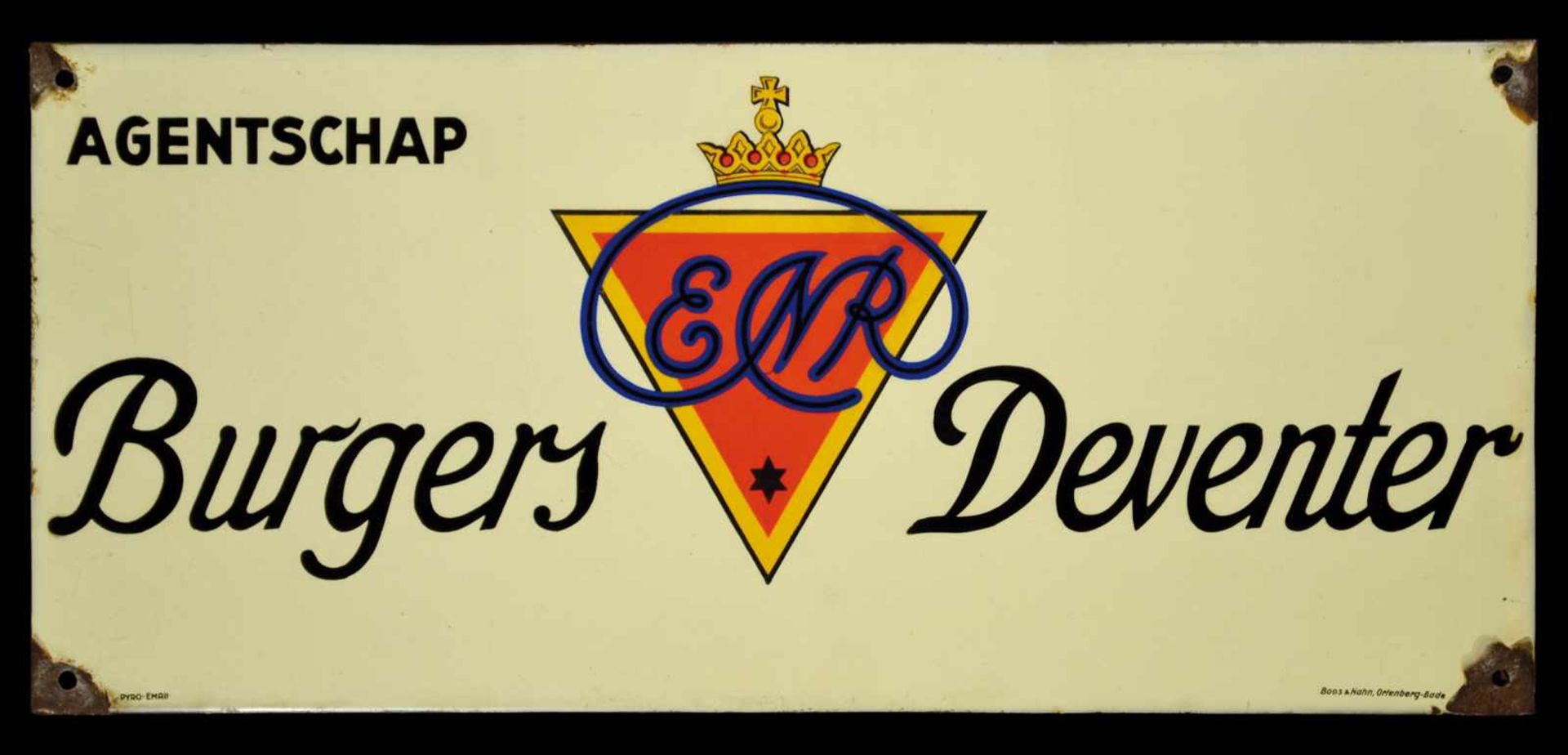 ENR BURGERS DEVENTER (2-) Emailschild, abgekantet, schabloniert, Niederlande um 1930, 63 x 28 cm,