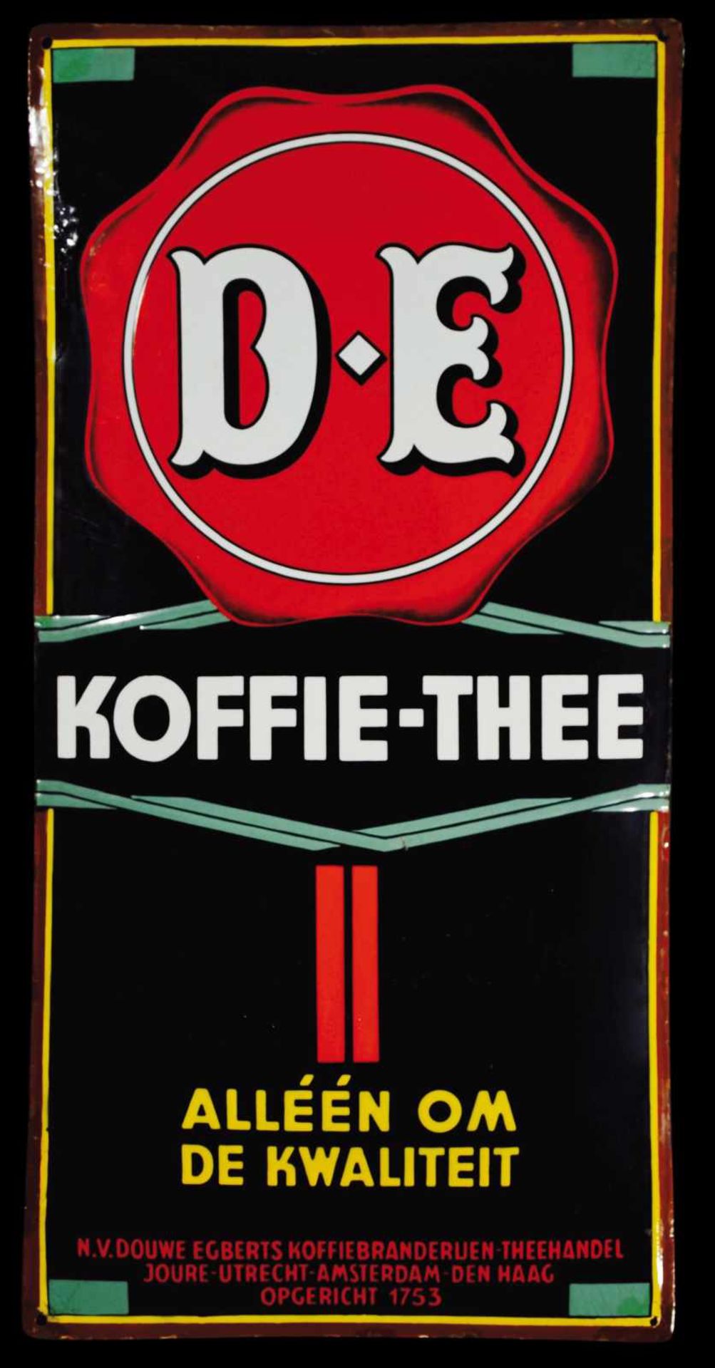 DOUWE EGBERTS KOFFIE-THEE (2) Emailschild, stark gewölbt, fett, zuckergußartig schabloniert,