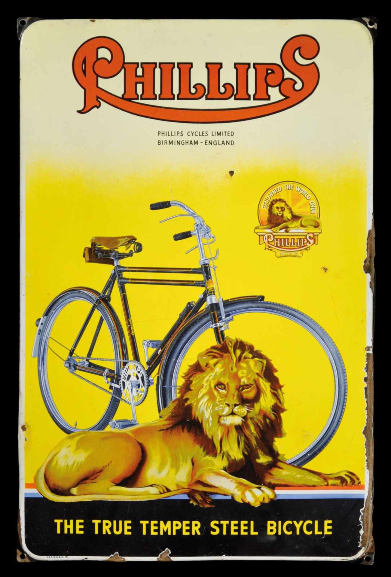 PHILLIPS BICYCLE (2-3) Emailschild, abgekantet, schabloniert und lithographiert, Niederlande um