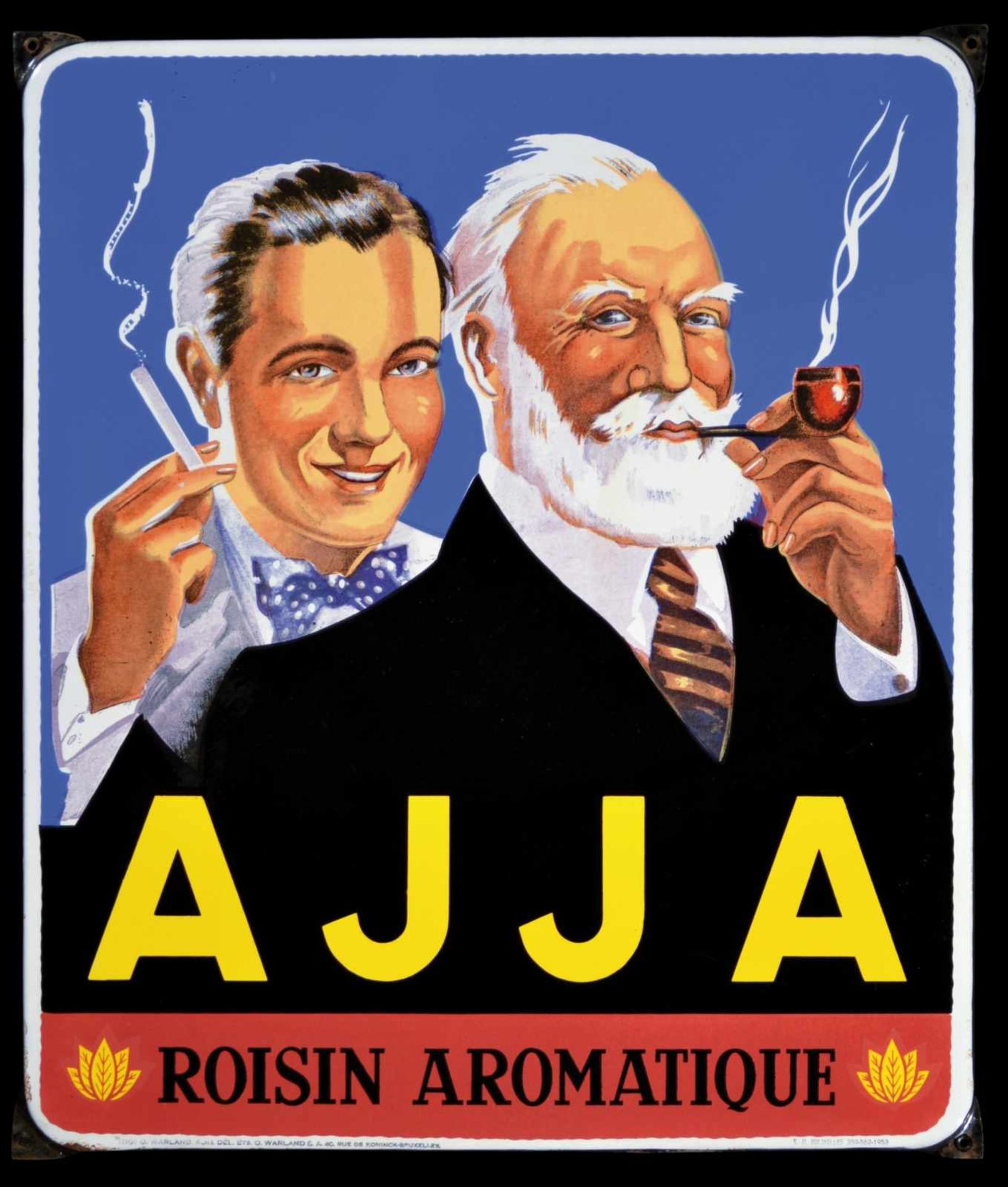 AJJA - ROSIN AROMATIQUE (1+) Emailschild, abgekantet, schabloniert und lithographiert, Belgien 1953,