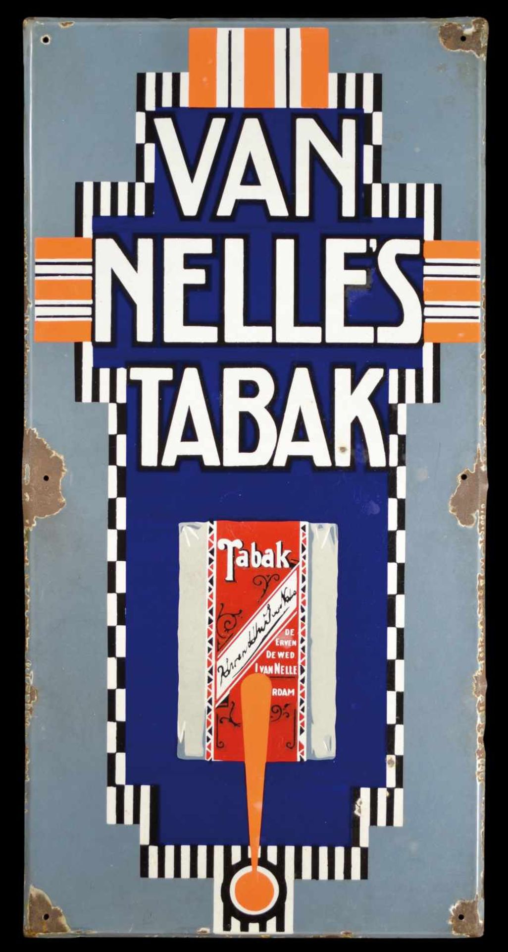 VAN NELLE's TABAK (2) Emailschild, schräg abgekantet, dick schabloniert, Niederlande um 1920, 50 x