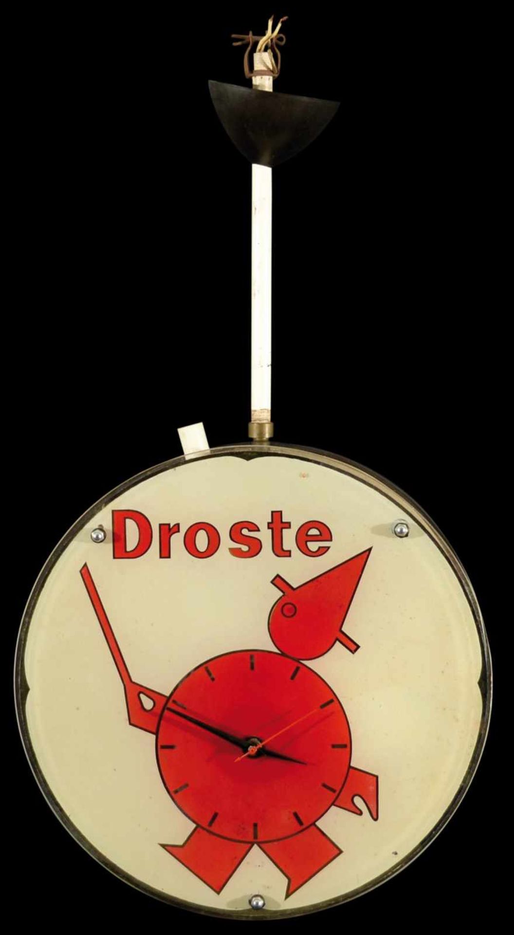 DROSTE (1) gläserne Werbeleuchte, beidseitige integrierte Werbeuhr, Niederlande um 1950, D 38 cm,