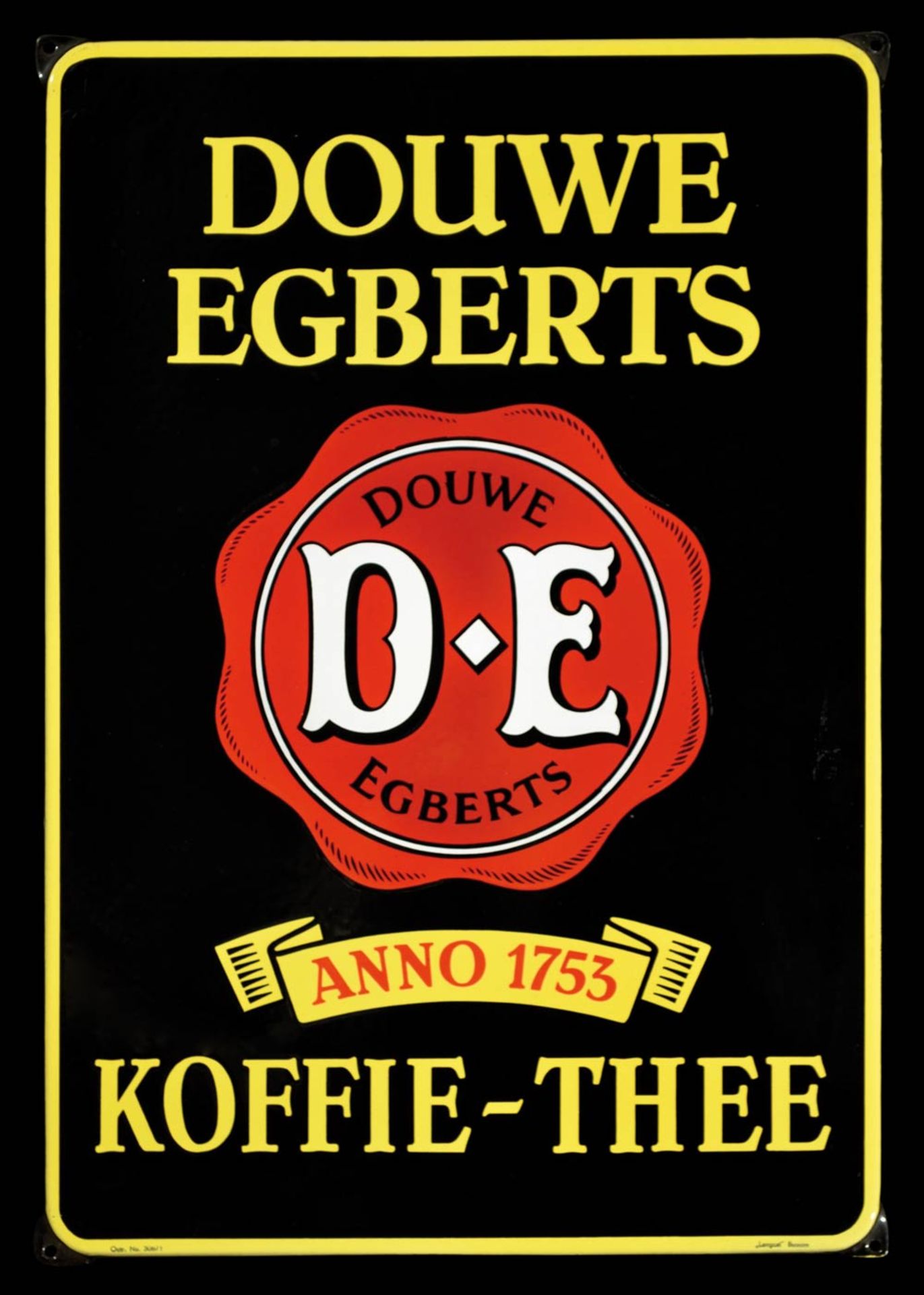 DOUWE EGBERTS KOFFIE-THEE Emailschild, abgekantet, schabloniert und lithographiert, Niederlande 40er