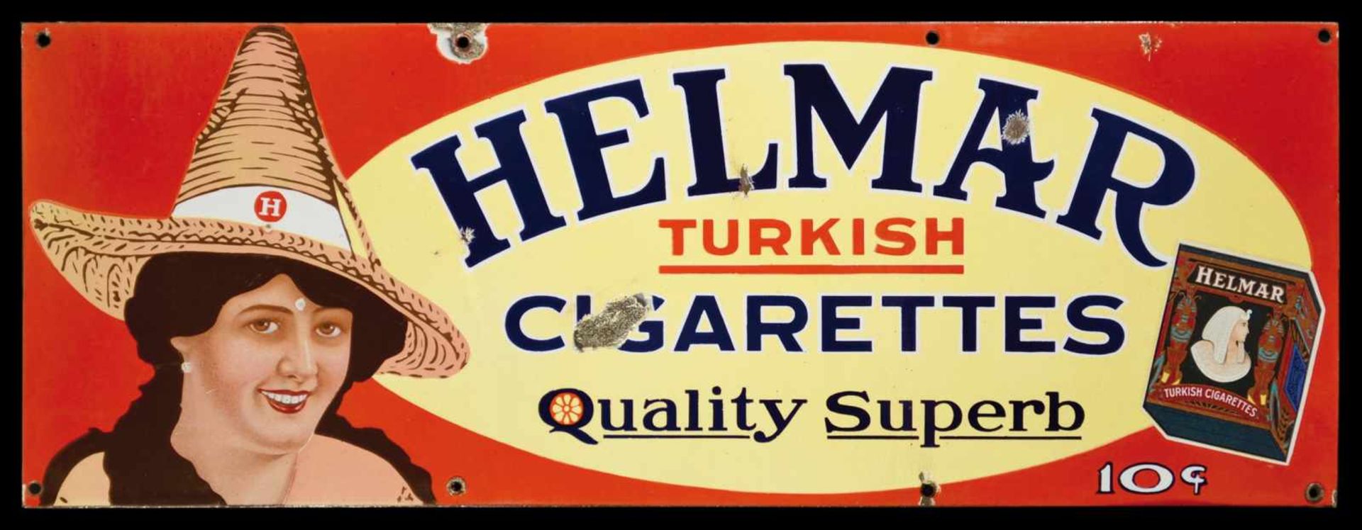 HELMAR TURKISH CIGARETTES (3+) Emailschild, flach, schabloniert und lithographiert, um 1920, 70 x 25